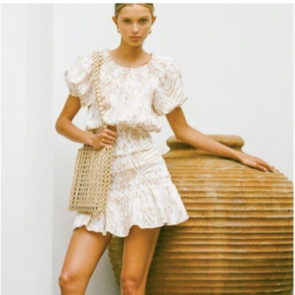 Sabo Luxe Camari Linen Smocked Mini Dress Animal Print Neutral Puff Sleeve